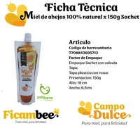 Miel de abejas 100% Natural presentación de 150gr Sachet